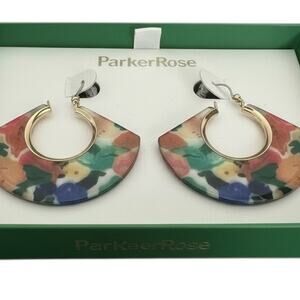 Parker Rose Floral Fan Earrings Gold Tone Hoops Original Box